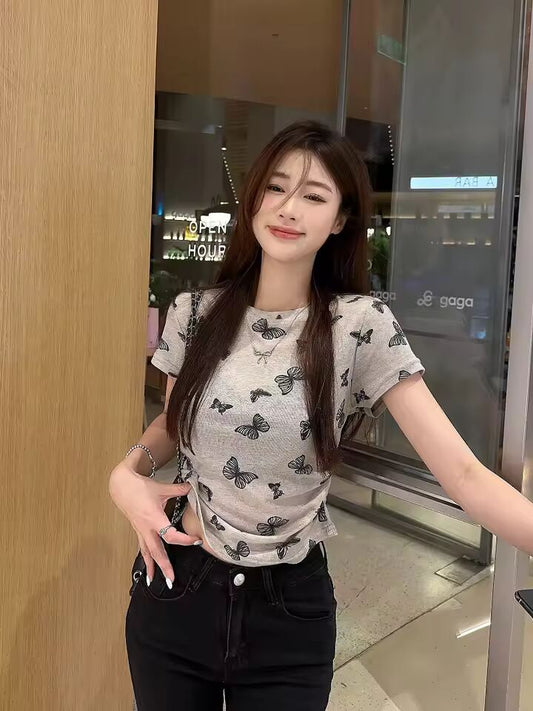 2025 Y2K Summer T Shirt Women Butterfly Printed Pleated O-Neck Short-Sleeved T-Shirt Short Pullover Crop Top Woman Tee Shirt